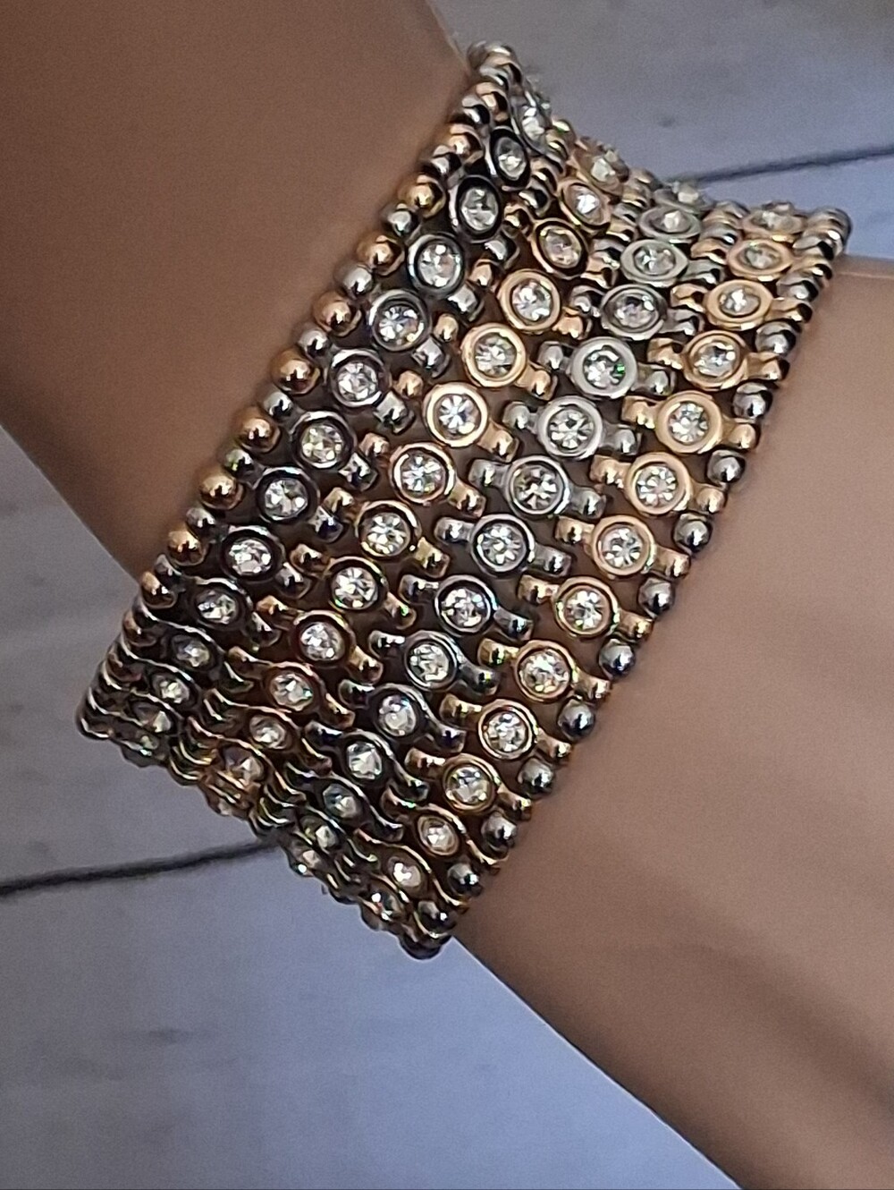 White House Black Market Gold-Tone And Silvertone Crystal Stretch Bracelet - Picture 5 of 16